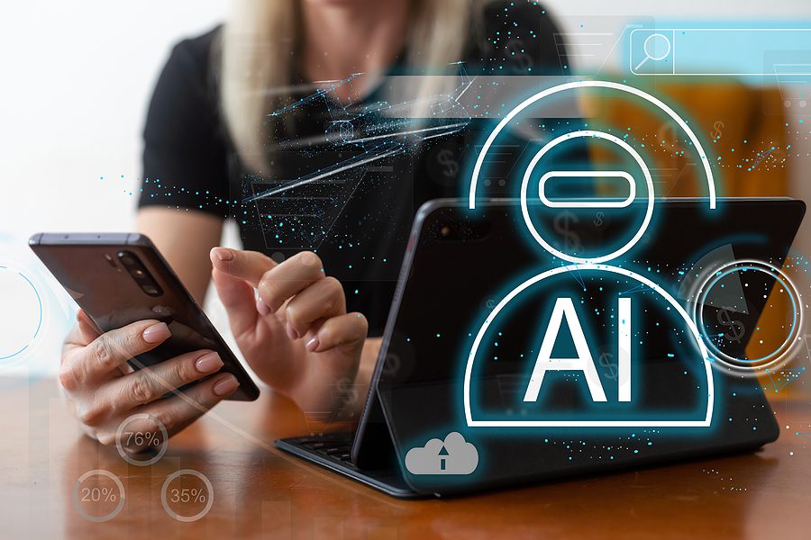 Woman Using Computer Chatting With An Intelligent Artificial Int ai business services